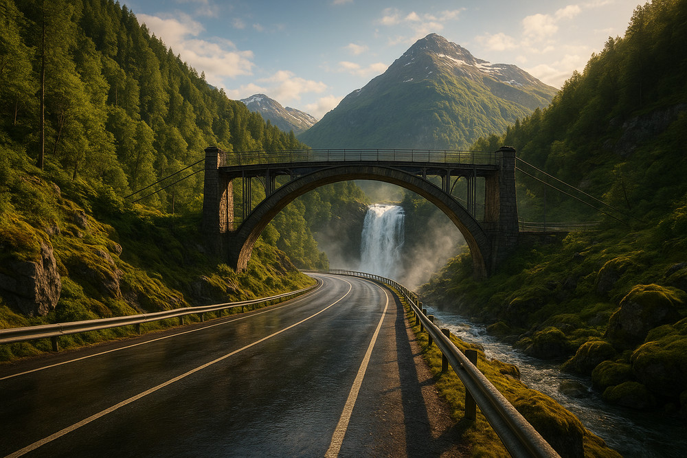 AI Generated Road Bridge Waterfall Mountain Landscape Scenic Wall Art 36