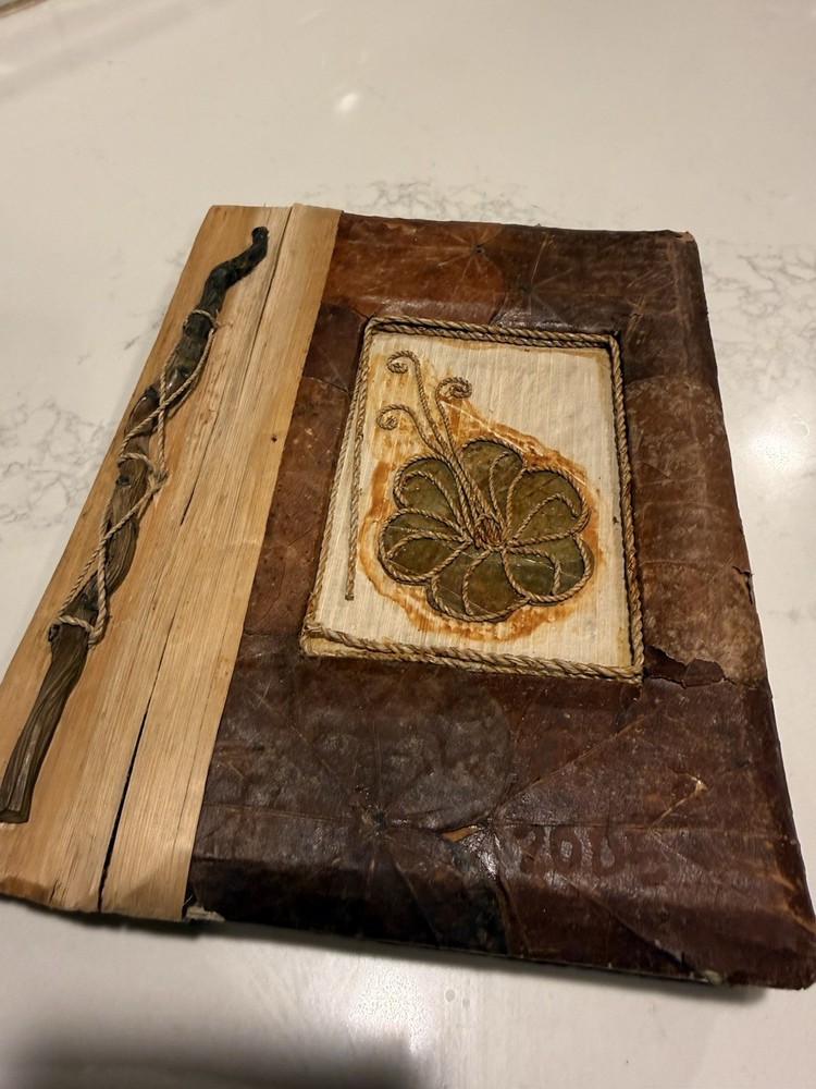 Handmade Folk Art Photo Book Pressed Leaf Appliqué Wood Bound One of a Kind