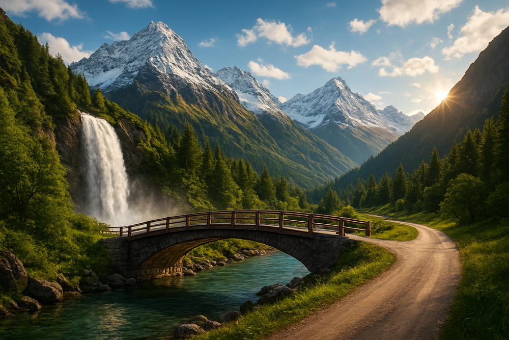 AI Generated Mountain Valley – Waterfall, Bridge, and Snow Peaks Nature 8