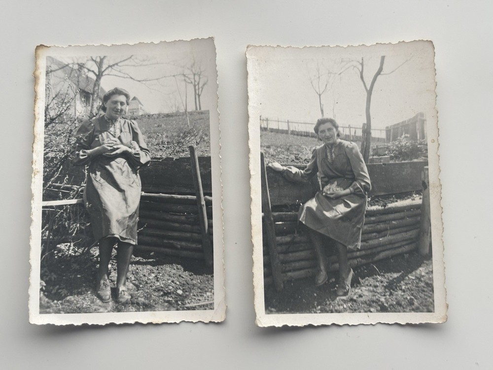 ❤️ Lot 2 Photos Woman with Rabbit in Garden Circa 1940s Dress Vintage 6×9