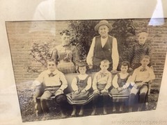 Antique Family Photo Wood Frame Children on Church Bench 3 Adults Brick Building