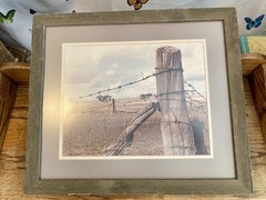 RUSTIC FRAMED COUNTRYSIDE BARBED WIRE FENCE PHOTOGRAPH