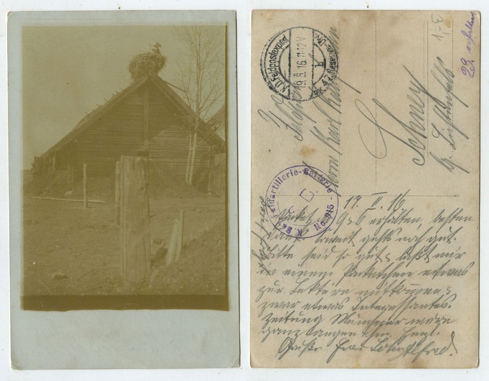 62608 – Stork’s Nest on Barn – Photo as Field Postcard, 19.5.1916
