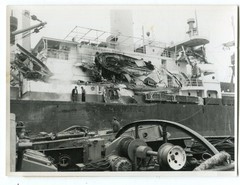 Old photo Belgian freighter Louis Sheid burning in Cuxhaven 1954, 12x17cm