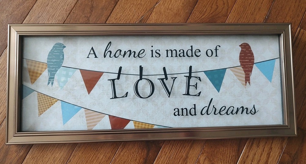 Gold Plastic Framed Birds On Clothesline Clothespins Home Is Made Of Love&Dreams
