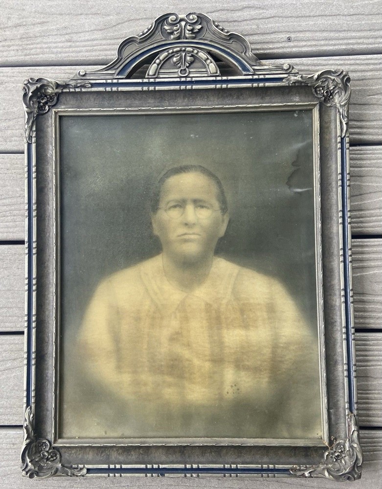 Antique Victorian Portrait Print Woman Ornate Frame Glass 27×19 Funeral Creepy