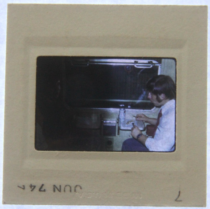 Photo Negative Slide 1974 Wagon Railway Interior Man Eating AW