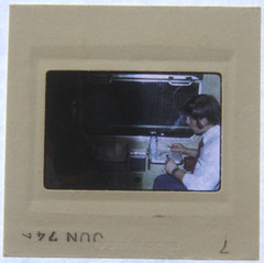 Photo Negative Slide 1974 Wagon Railway Interior Man Eating AW