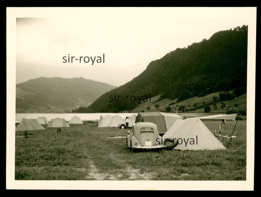 VW Beetle on campsite on Lake Ägeri – 1960s car motor vehicle – Switzerland – photo 10x8cm