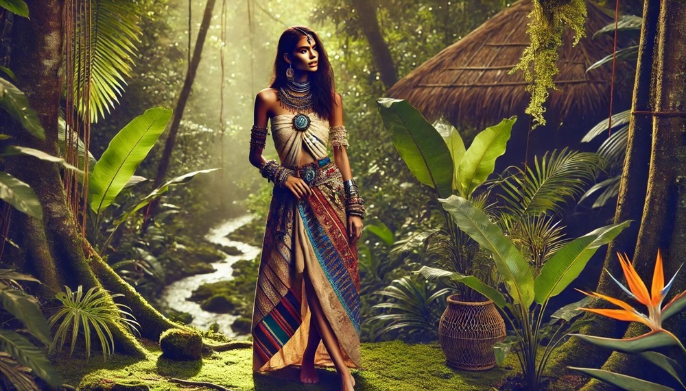 Digital Jungle Fashion Art – Exotic Woman in Tribal Dress Among Lush Greenery
