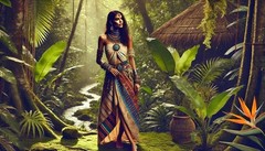Digital Jungle Fashion Art – Exotic Woman in Tribal Dress Among Lush Greenery