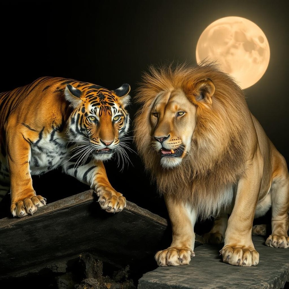 Lion and Tiger In front of the moon (Night) (1024 x 1024)