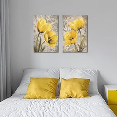 Yellow and Gray Flowers Canvas Wall Art Tulip Picture Prints Artwork Modern F…