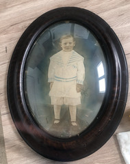Large Antique Oval Bubble Glass Sepia Photo Child Portrait BOY IN SAILOR SUIT