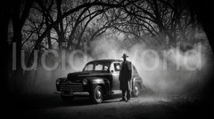Vintage Car Foggy Forest Noir Mystery Man B&W Digital Download Photo Printable
