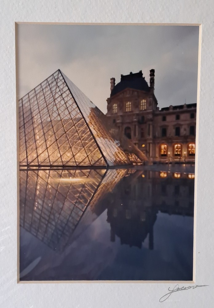 Signed Color Matted Photograph Paris Louvre IM Pei Pyramid Free Frame