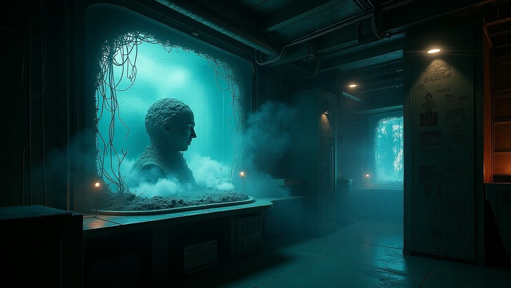 Sci-Fi Lab Art: Bust in Tank, Wires, Eerie Experiment – Creepy Digital Print