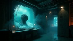 Sci-Fi Lab Art: Bust in Tank, Wires, Eerie Experiment – Creepy Digital Print
