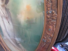 Antique Curved Convex Oval Glass Wood Frame Hand Tinted Photo Girl 1920’s cl