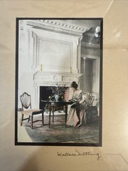 Wallace Nutting Interior Hand Colored Photo Woman Reads Book Near Fireplace