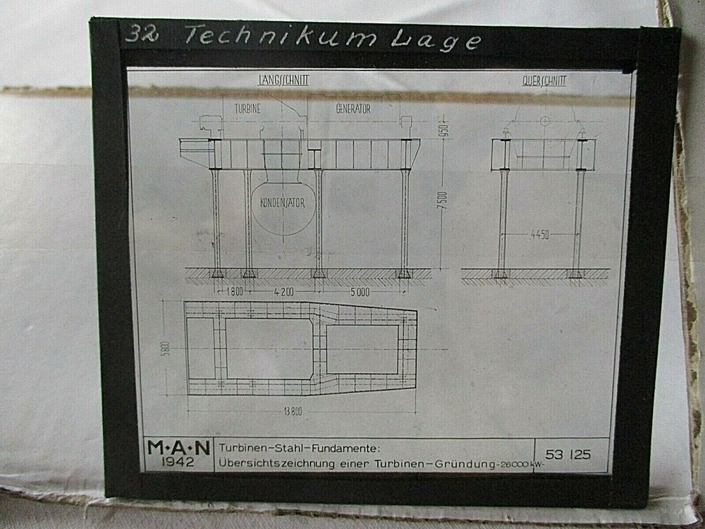 Old glass positive MAN 1942 turbines steel foundation, 10x9cm industrial image.