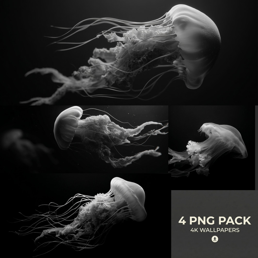 4 Deep Sea Jellyfish Printable Glowing Ocean Wall Art Digital Download PNG Set