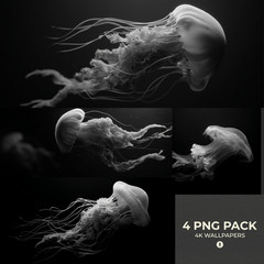 4 Deep Sea Jellyfish Printable Glowing Ocean Wall Art Digital Download PNG Set
