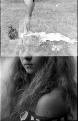 double exposure, ghost, sexy woman working w NIKON photo camera, vintage fine