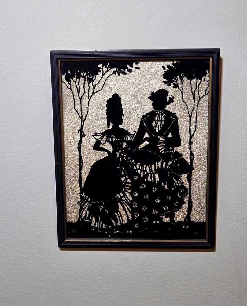 Vintage Victorian Man & Woman Silhouette On Glass w/ Faux Gold Foil Background