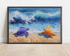 Colorful Sea Turtles Beach Painting, Purple Orange Ocean Blue Waves, Coastal Art