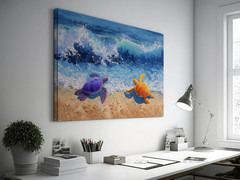 Colorful Sea Turtles Beach Painting, Purple Orange Ocean Blue Waves, Coastal Art