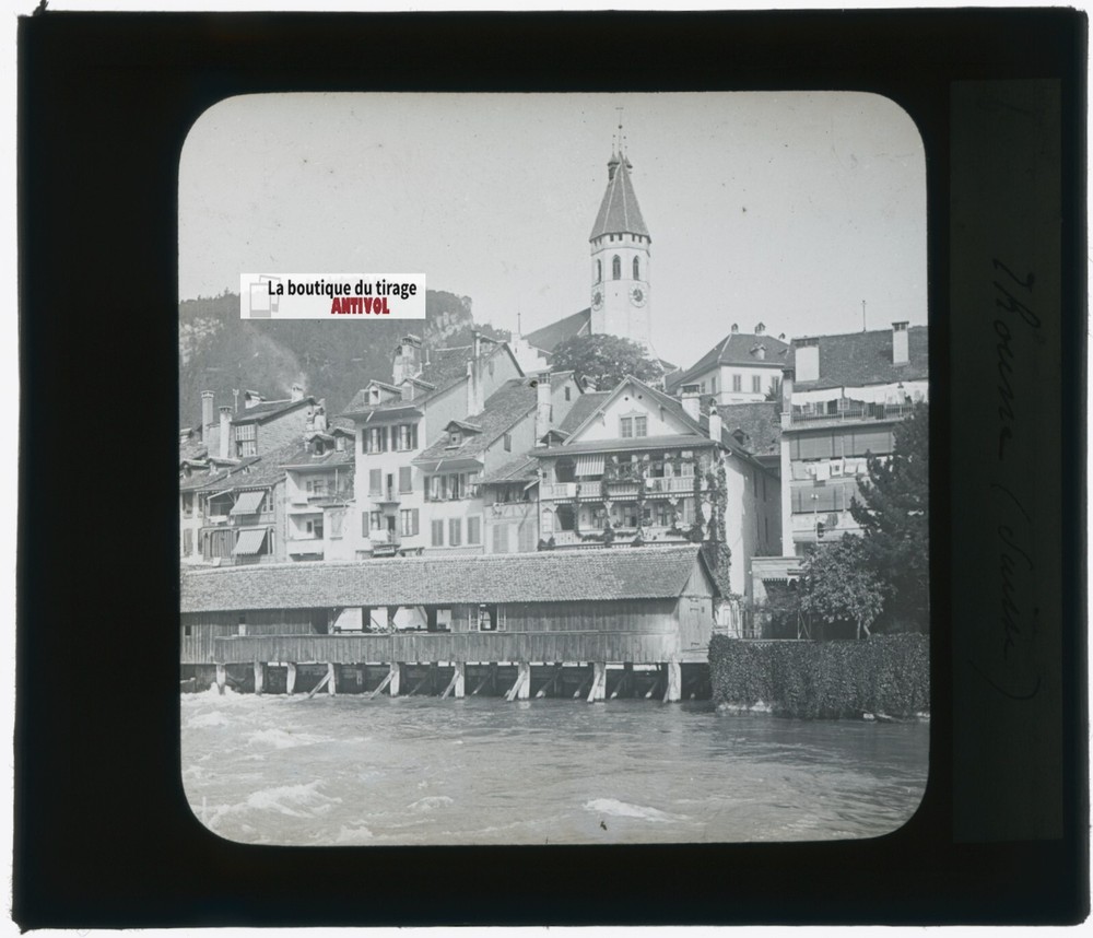 Thoune And The Aar Bridge, Photo Glass Plate, Black & White, Positive 8.5×10 Cm