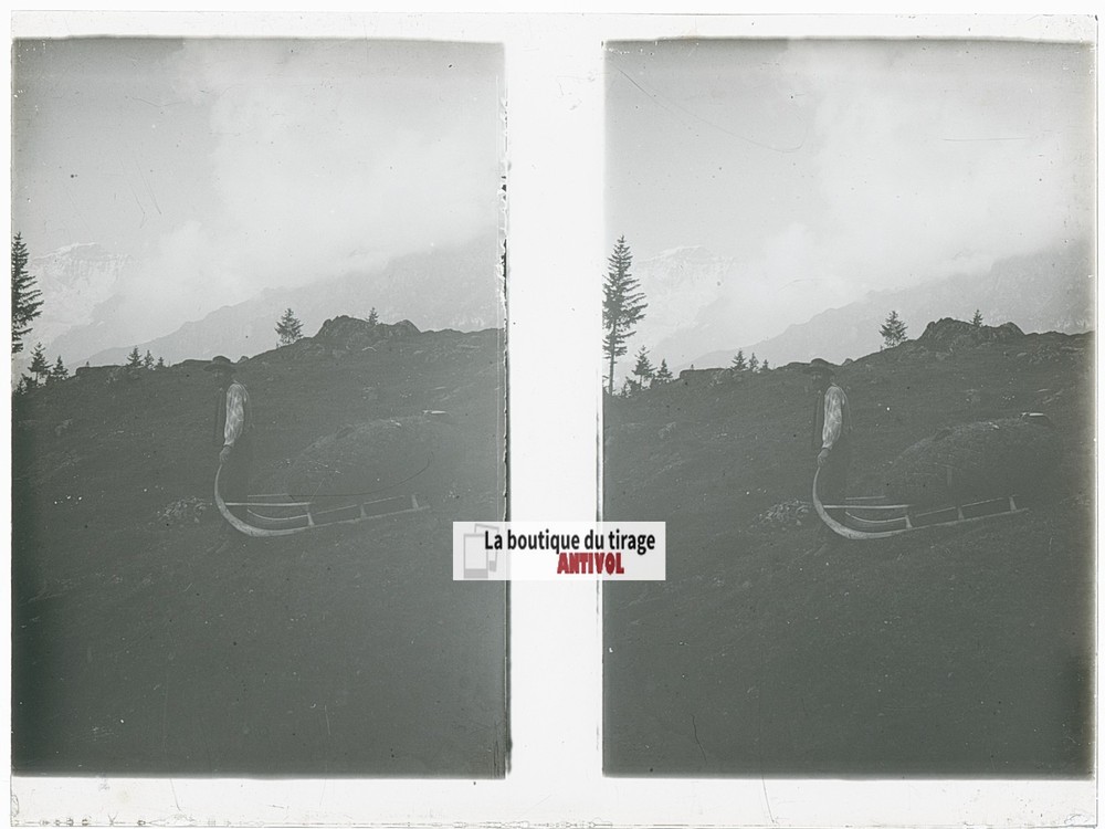 Highlanders, Alpes Switzerland, Stereo Photo Plate Glass, Black & White,