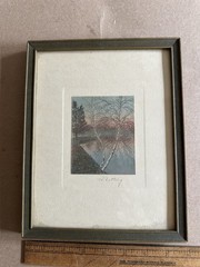 Antique Wallace Nutting Hand Colored Photo Birch Trees Pond in Original Frame