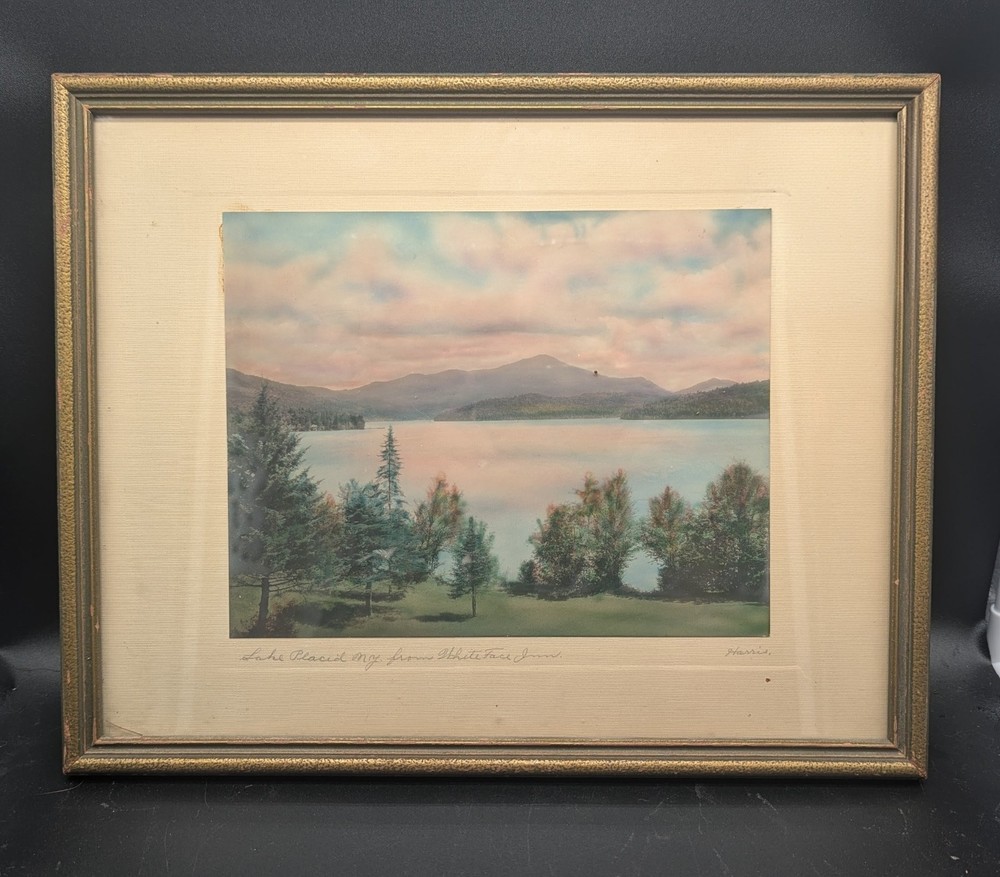 Vintage Framed HARRIS Hand Painted photo Circa early 20TH century Lake Placid NY