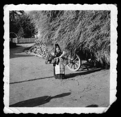 Little Girl in Costume in Front of Hay Wagon – Traditional Fashion – 1930s – Photo 6x6cm