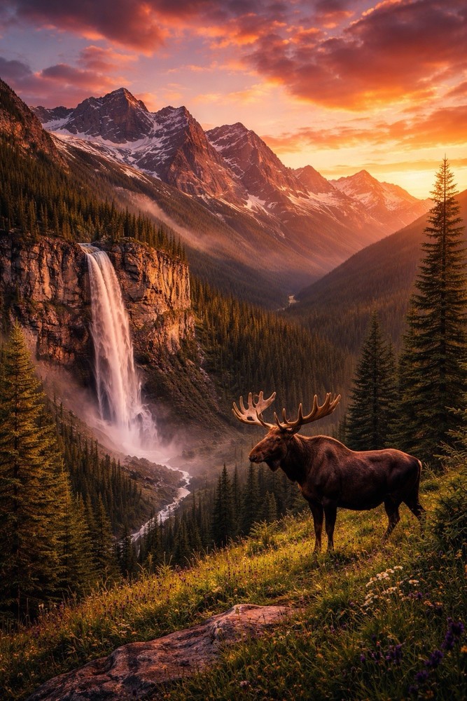 18in x 24in Moose Waterfall Mountains Sunset Wildlife Landscape Poste Photo