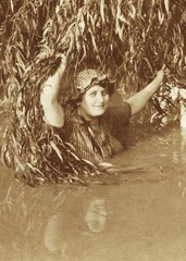 LOT 2x, pretty girls in river, swimsuits, bathing caps, women, water reflection