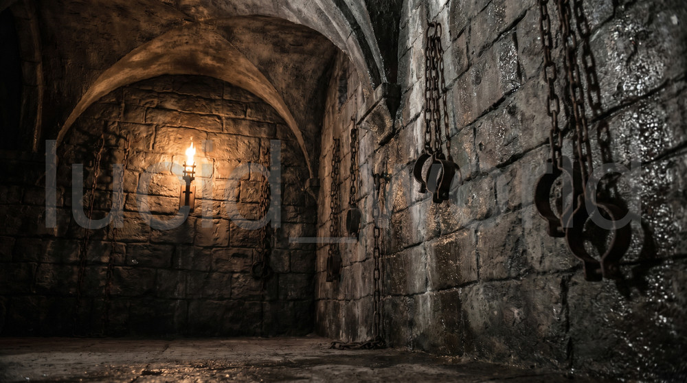Medieval Castle Dungeon Digital Image Torches Chains Low Angle Cinematic Photo
