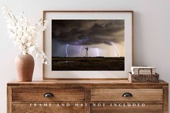 Storm Photography Print: Oklahoma Windmill Lightning Farm Weather Country Photo