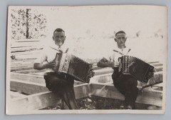 2 Men Building a House with Accordion HOHNER Music – Vintage Photo 1930s