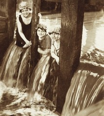 LOT 2x, pretty girls in river, swimsuits, bathing caps, women, water reflection