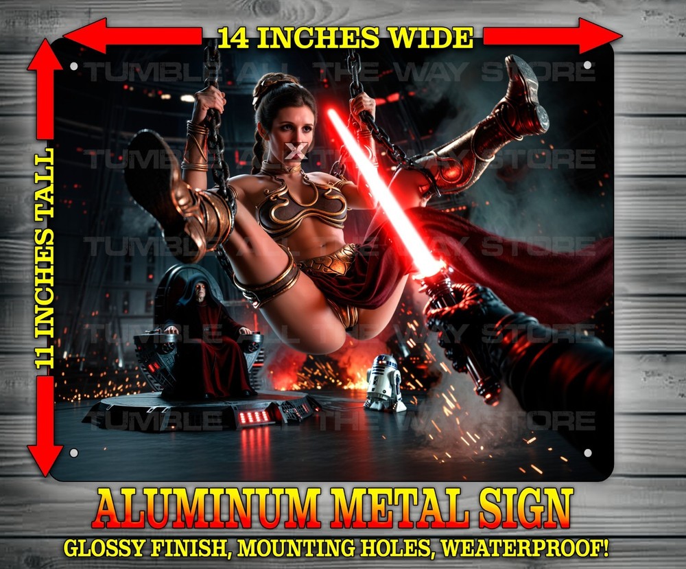 Slave Leia Cosplay with Darth Vader Lightsaber SW Metal Sign Art 14″ x 11″