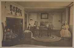 AN ANCESTRAL CRADLE Wallace Nutting Hand-Tinted Photograph c. 1910s CAT and BABY