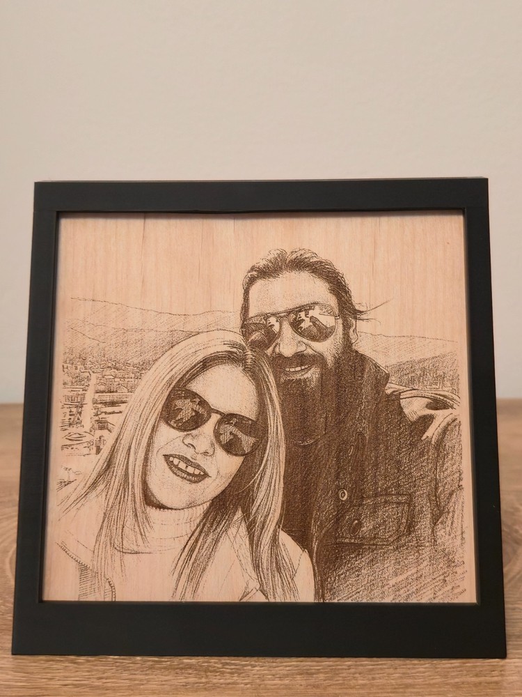 Laser Engraved Couple Photo on Wood, Framed Personalized Portrait