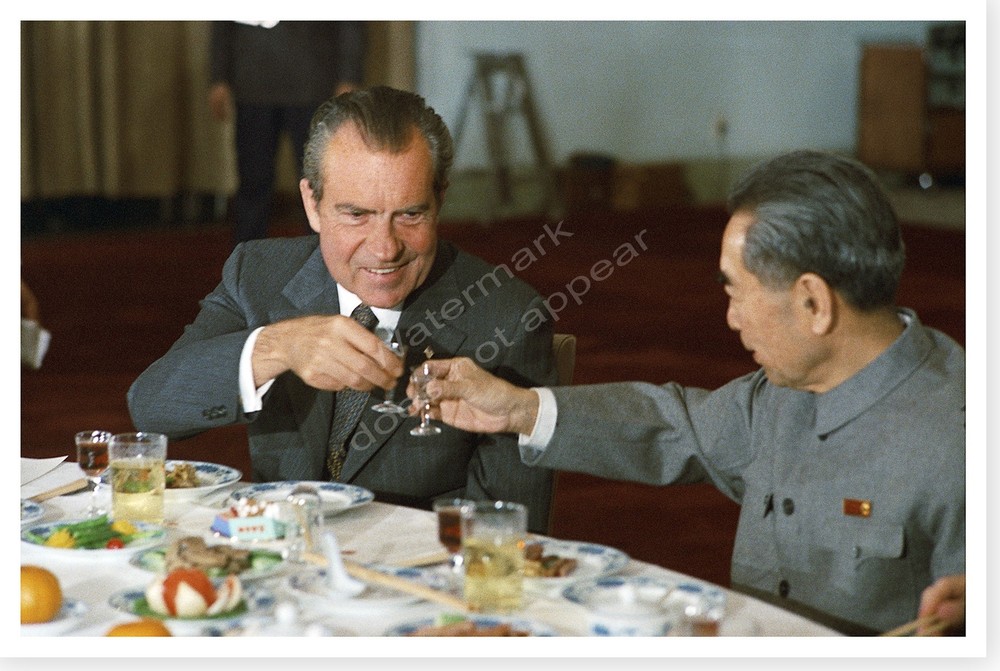 President Richard Nixon With Premier Of China Zhou Enlai Silver Halide Photo