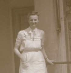 old negative – woman standing in front of shop food – civil advertising