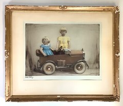 1930s Hand Tinted Photo Etching Engraving Girls Portrait Auto Car Bacon & Sons