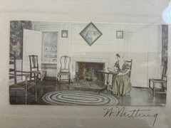 WALLACE NUTTING: FRAMED HAND COLORED PHOTO: INTERIOR LIVING ROOM SCENE W LADY