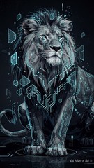 Cyberpunk Mechanical Lion Poster Graphic – High-Res AI Digital Image